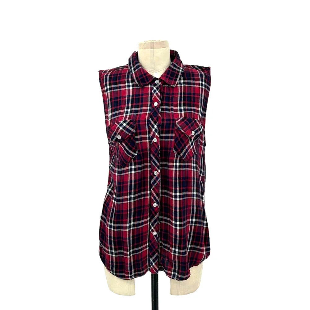 Rails Sleeveless Button Down Plaid Top Red & Navy & Black Size Medium